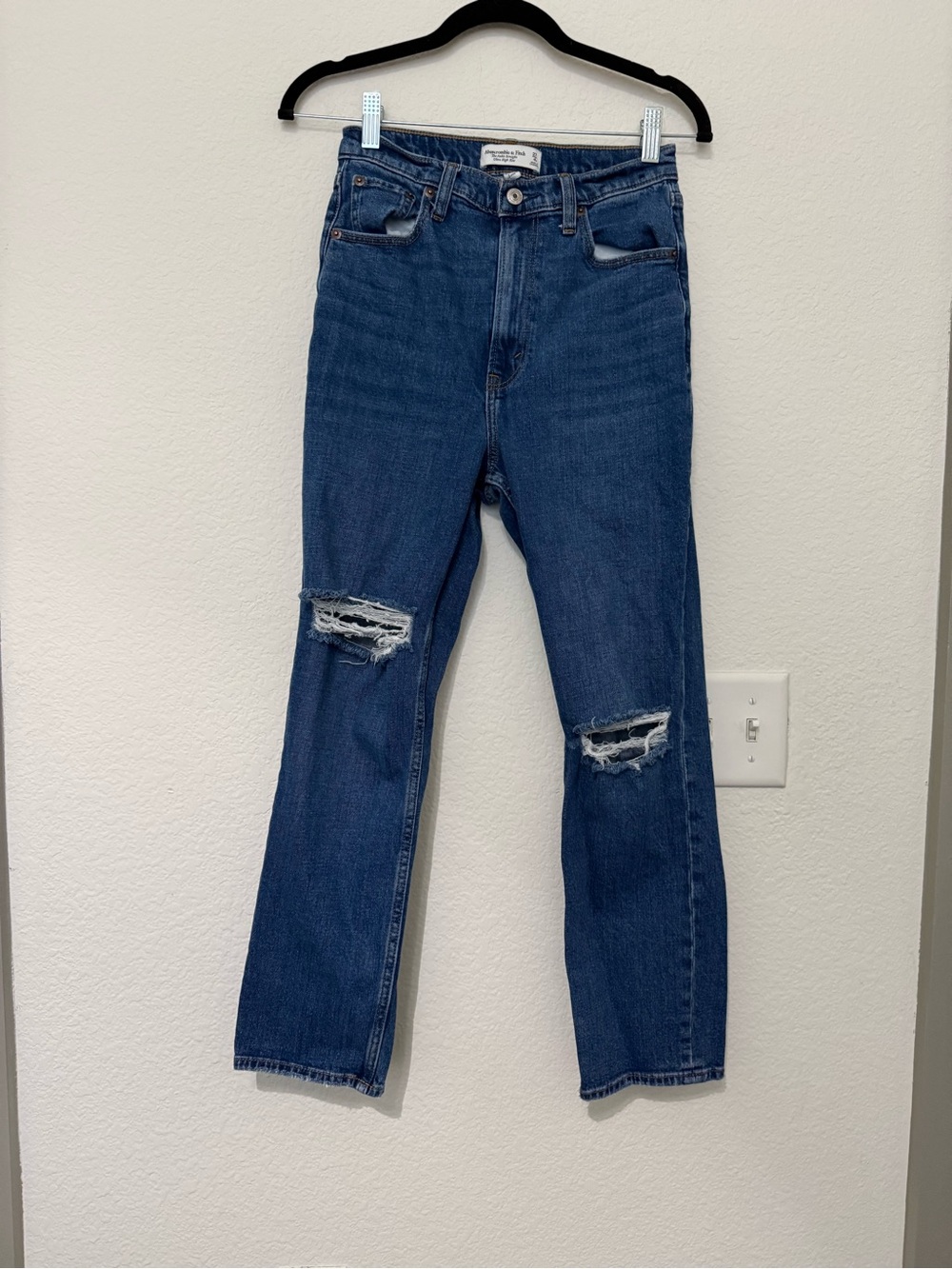 Abercrombie & Fitch Dark Blue High Rise Ankle Straight Jeans with Knee Rips